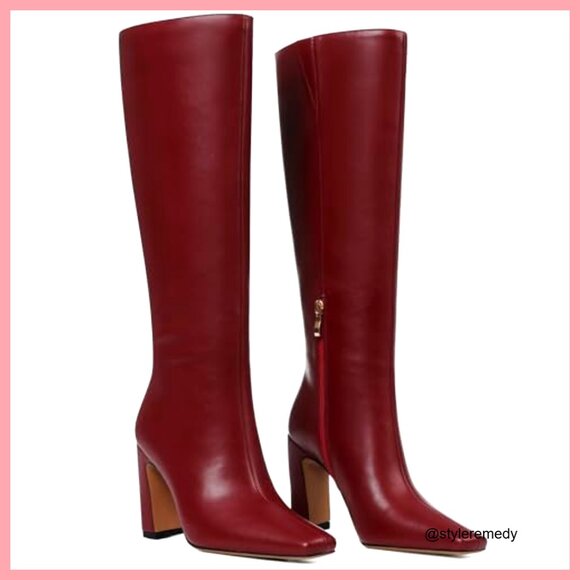 Faux Leather Knee High Boots Square Toe Chunky Heel Side Zipper - Picture 4 of 7